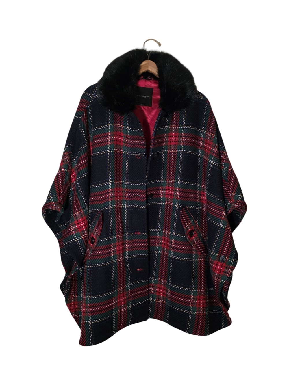 Talbots Black & Red Plaid Cape with Faux Fur Collar